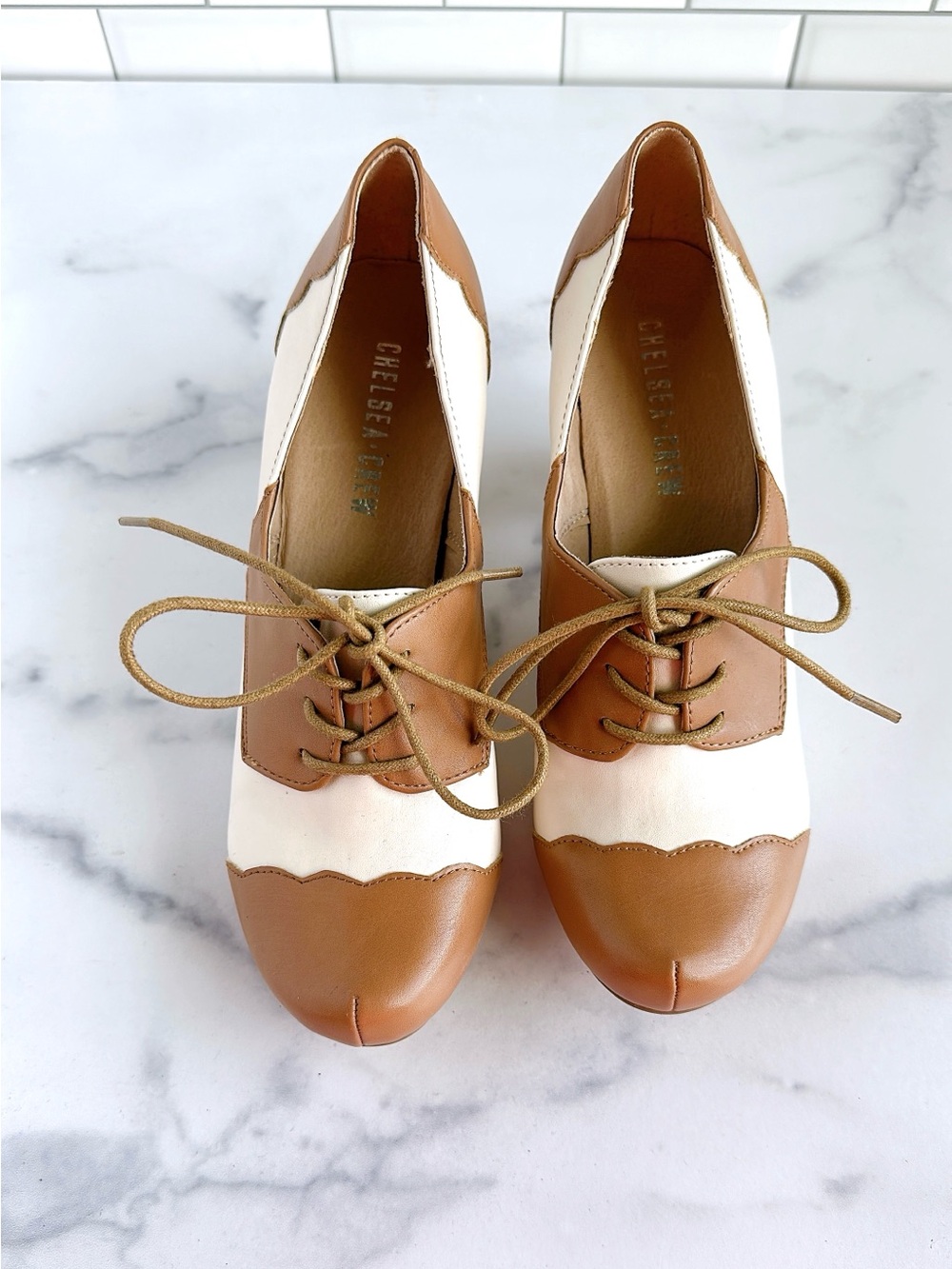 chelsea crew Two-Tone Lace-Up Heels in Cream and Tan - Picture 2 of 6